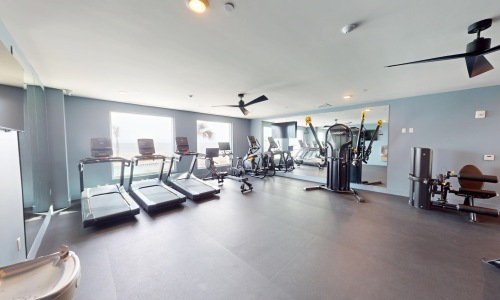 a gym with exercise equipment and windows