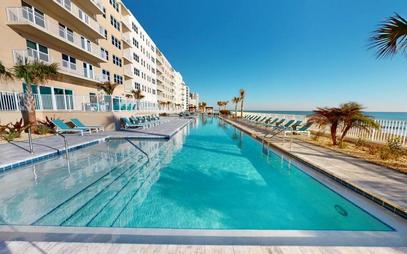 a pool next to a building